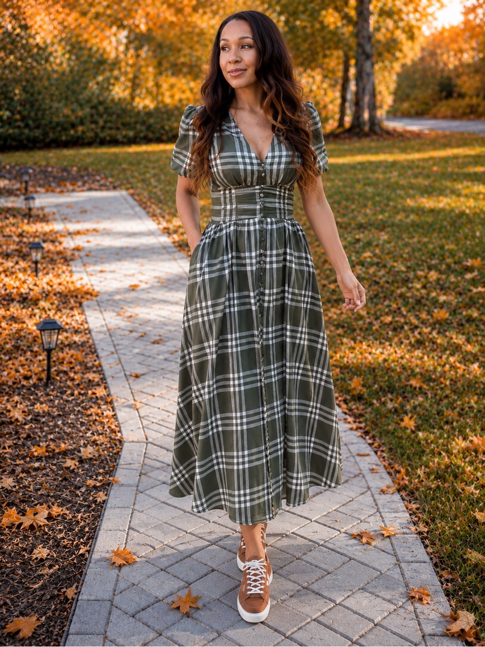 Anthropologie The Katerina Button Front Plaid Midi Dress Green M Medium